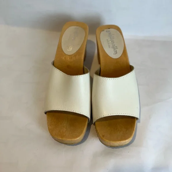 VINTAGE 90’s/Y2K White Leather Wooden Chunky Heel Open Toe Mule Size 8 - Picture 9 of 10